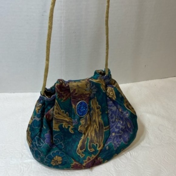 JT Beckett Handmade Tie Crossbody Purse w/Sparkling Blue Brooch Small 7.5"x6" - Picture 3 of 11